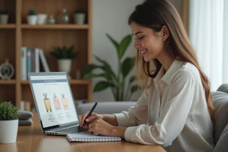 Jeune femme souriante naviguant sur un site de parfum