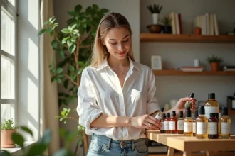 Femme regardant un flacon de parfum dans un intérieur moderne