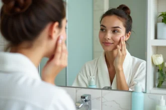 Jeune femme examinant sa peau grasse et ses points noirs dans un miroir de salle de bain avec des produits de soin Eau Précieuse