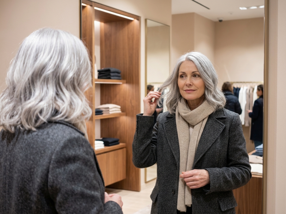 Femme d'une cinquantaine d'années ajustant sa perruque argentée devant un miroir dans une boutique moderne