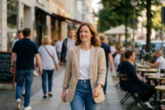 Femme portant une perruque auburn naturelle avec assurance dans une rue animée de la ville
