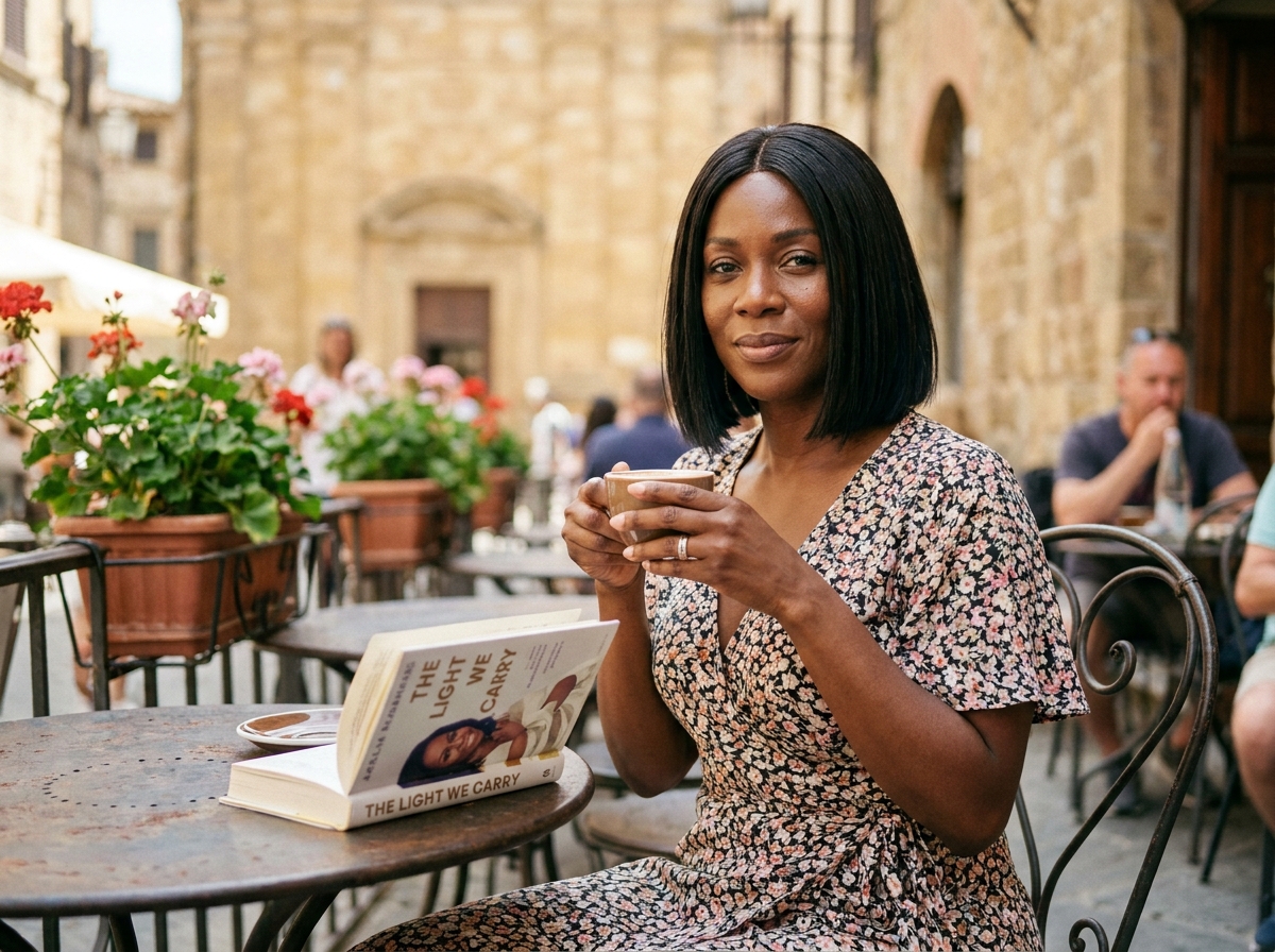 Femme avec une perruque bob noire détendue en terrasse de café, lisant un livre