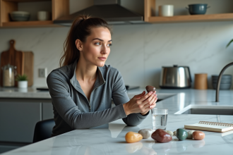 Femme en cuisine tenant une pierre précieuse colorée