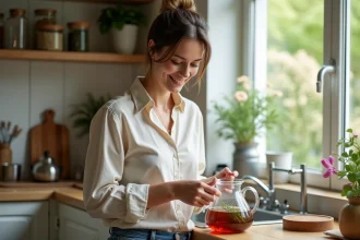 Femme souriante préparant une infusion aux herbes dans la cuisine