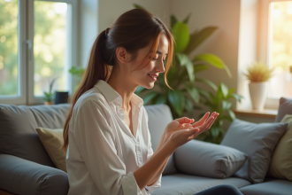 Femme relaxant en intérieur en pressant un point d'acupressure