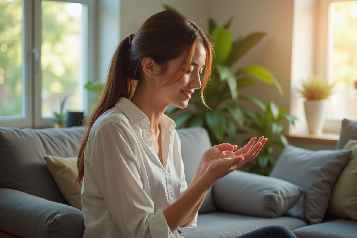 Femme relaxant en intérieur en pressant un point d'acupressure