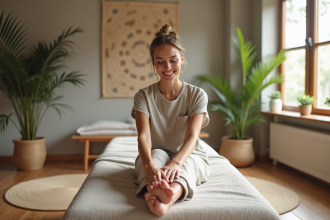 Femme détendue en préparation d'une séance de reflexologie dans un studio calme
