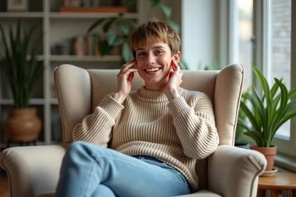 Femme souriante avec nouvelle coupe de cheveux dans un salon chaleureux