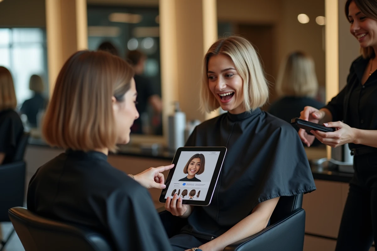 Jeune femme en salon de coiffure testant un simulateur de coupe sur tablette avec sa coiffeuse