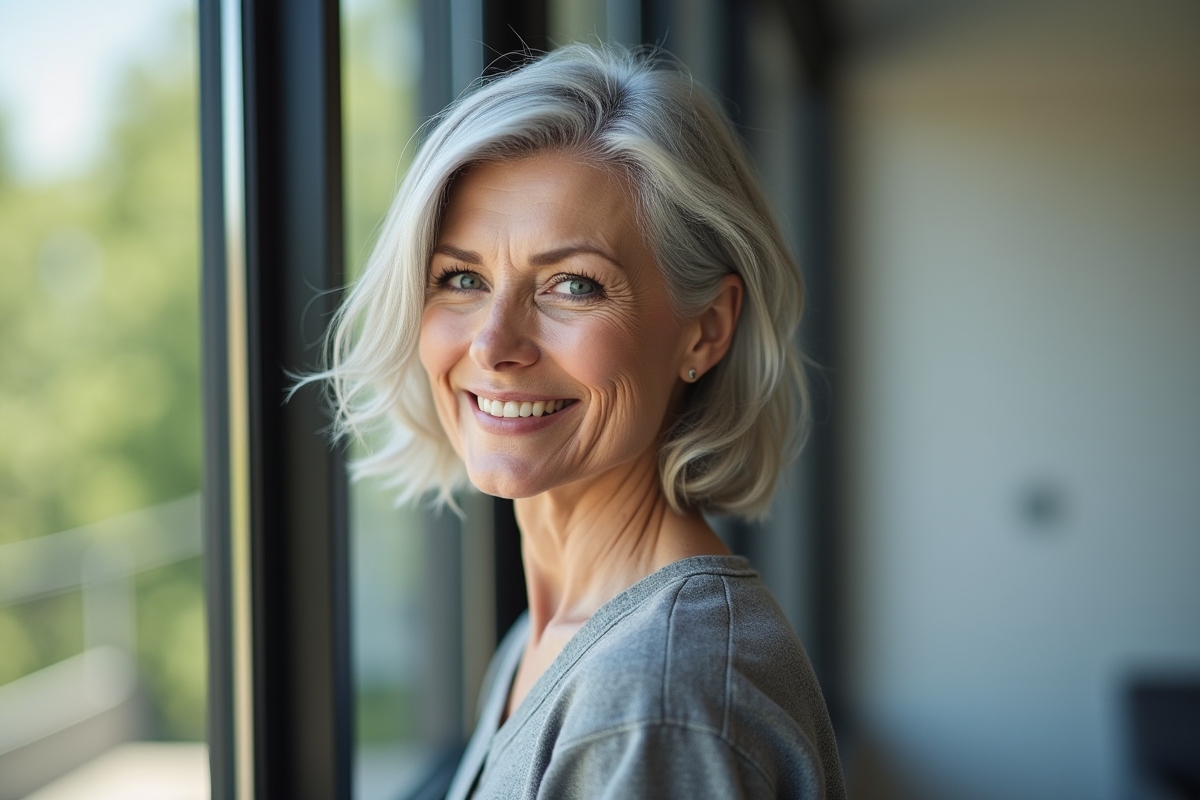 Femme senior souriante aux cheveux argentés courts