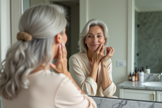 Femme senior appliquant maquillage devant miroir