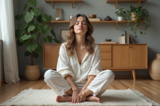 Femme calme en intérieur minimaliste et nature