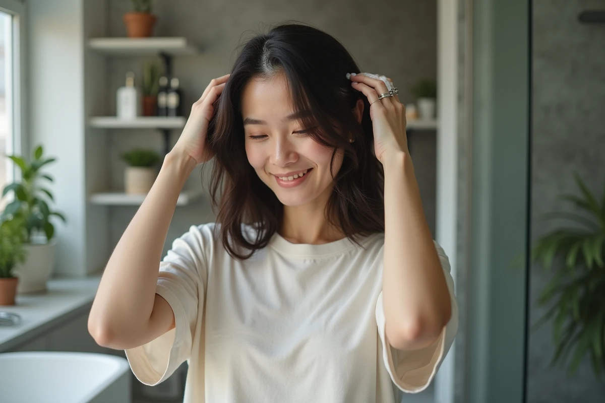 Jeune femme se lavant les cheveux dans la salle de bain