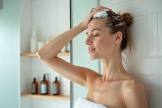 Femme se massant délicatement le cuir chevelu sensible avec le shampoing Kevin Murphy dans une salle de bain épurée
