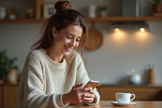 Jeune femme souriante utilisant son smartphone dans la cuisine