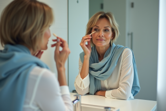 Femme élégante en train de se maquiller devant miroir