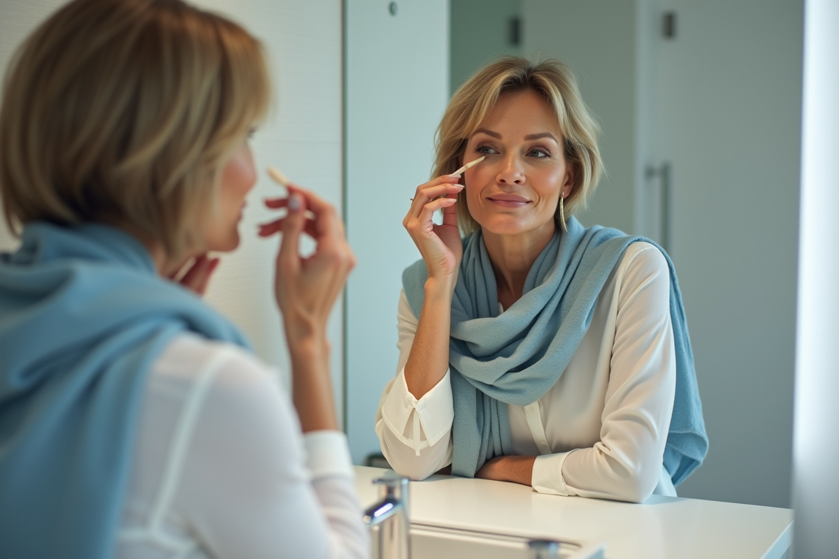 Femme élégante en train de se maquiller devant miroir