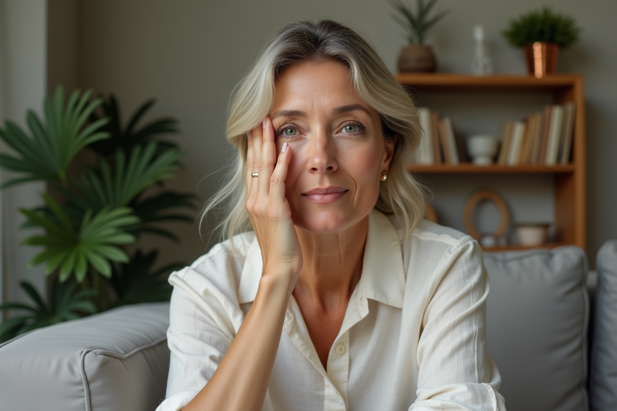 Femme en intérieur appliquant soin naturel au visage