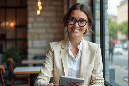 Femme élégante en blazer crème souriant sur tablette