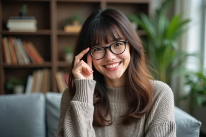 Femme souriante avec lunettes rondes et pull en laine
