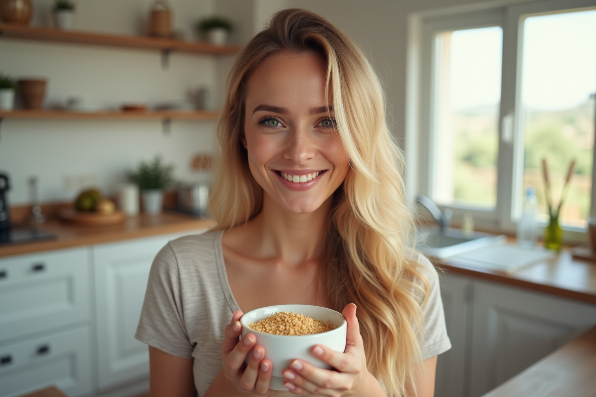 Jeune femme souriante aux cheveux brillants et sains dans une cuisine lumineuse