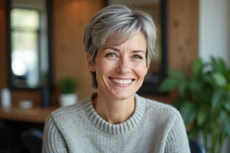 Portrait d'une femme souriante avec coupe volumineuse