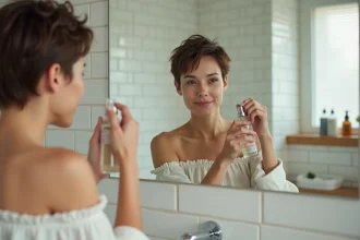 Femme aux cheveux courts appliquant un spray sel de mer devant un miroir de salle de bain