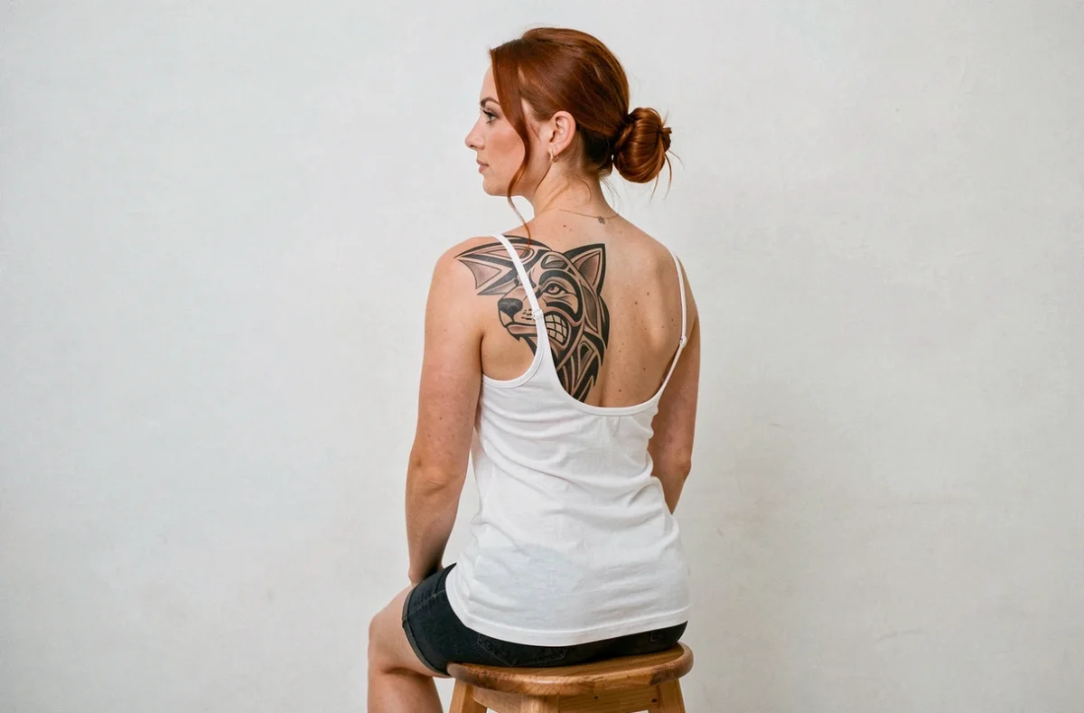 Femme vue de dos montrant un tatouage tribal loup sur l'omoplate dans un studio minimaliste blanc