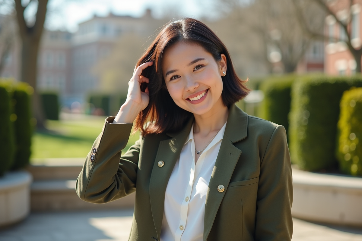 Jeune femme souriante dans un parc urbain en plein air