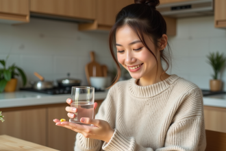 Femme tenant un verre d'eau et vitamine dans une cuisine chaleureuse