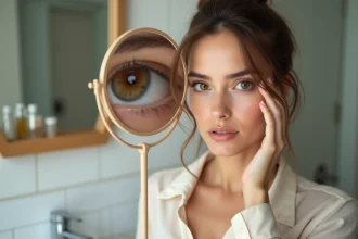 Jeune femme examinant la couleur de ses yeux noisette dans un miroir de salle de bain