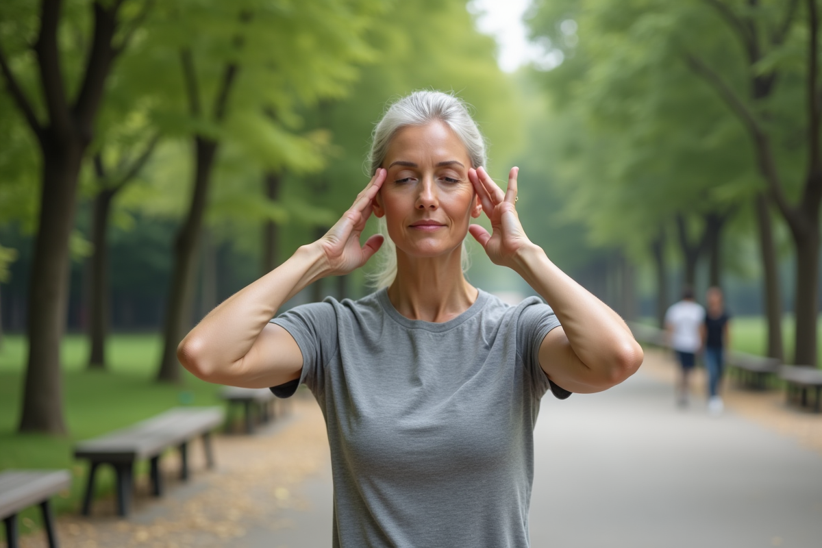 Femme sportive faisant des exercices de yoga facial dans un parc