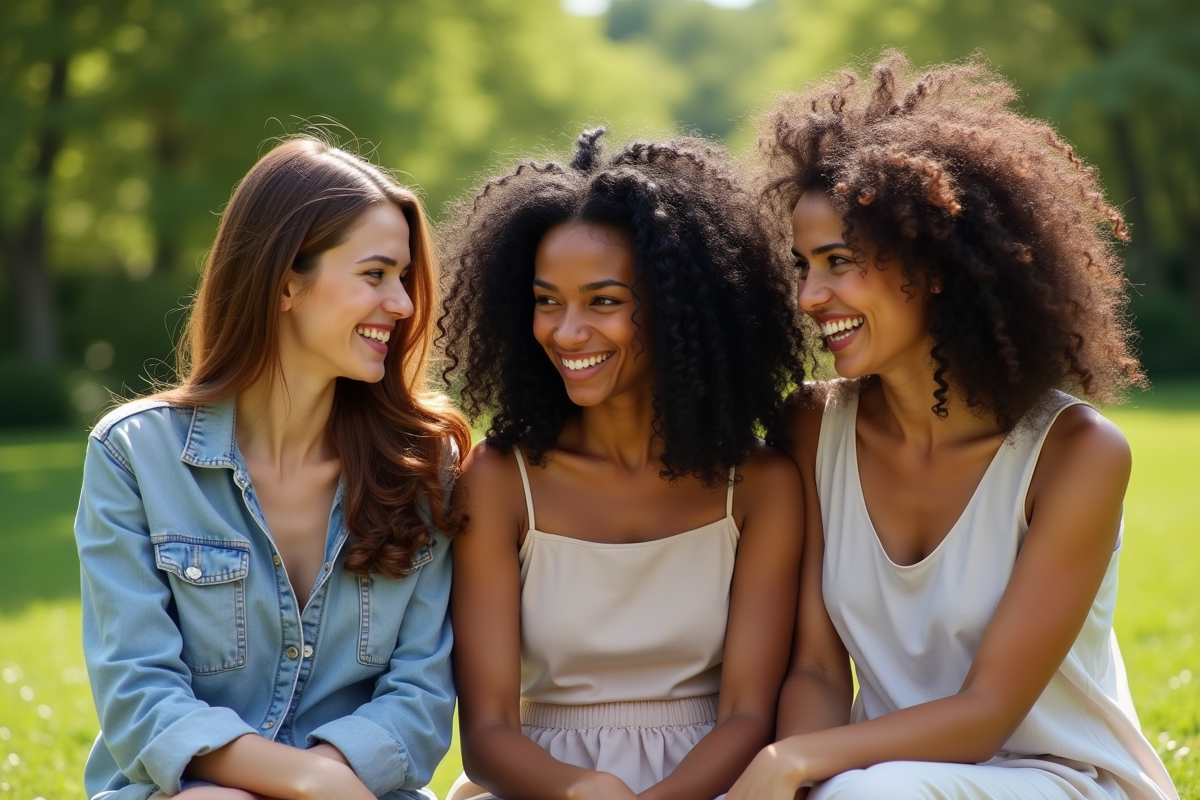 Trois femmes aux textures capillaires différentes souriantes dans un parc ensoleille