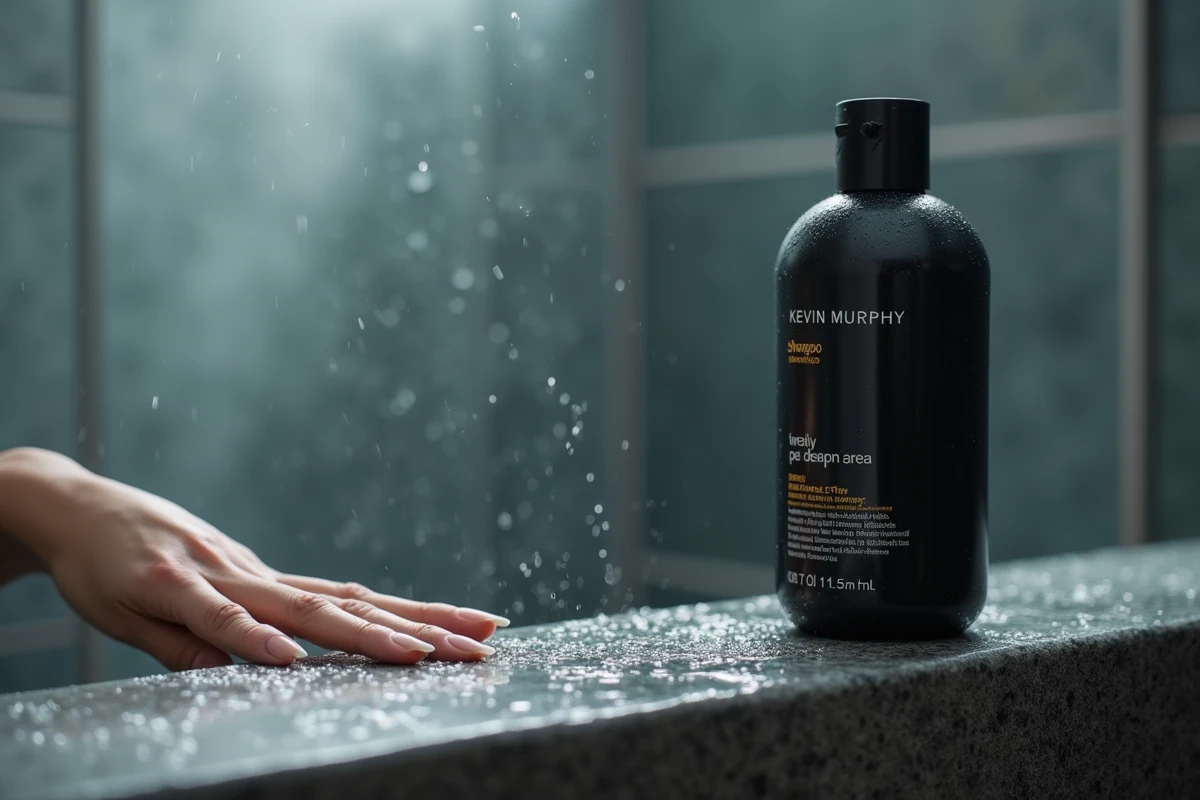 Flacon de shampoing Kevin Murphy sur une étagère de douche avec des gouttes d'eau, salle de bain naturelle