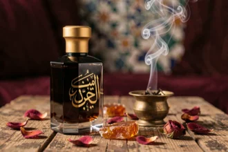 Flacon de parfum oriental Lattafa posé sur du bois brut entouré de pétales de roses séchées et d'encens oud dans un intérieur marocain