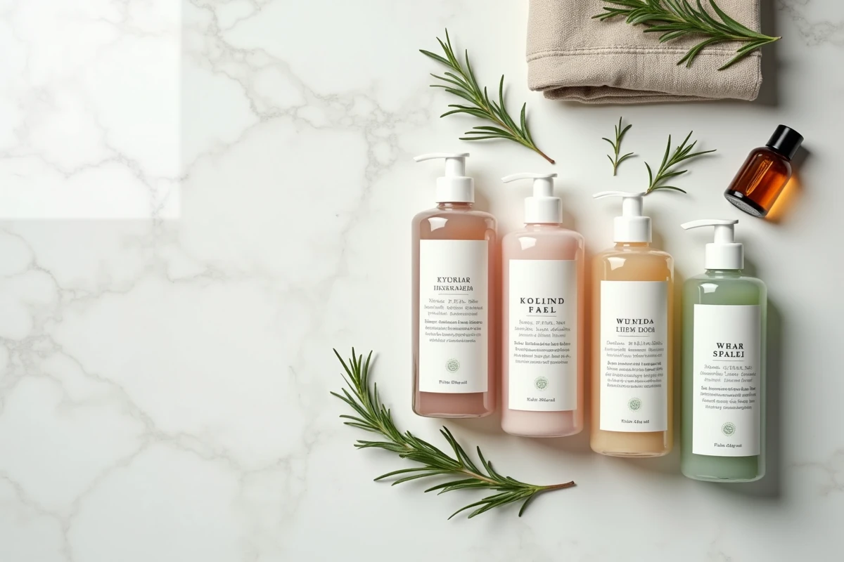 Flacons de shampoing naturel sans sulfate ni silicone disposés sur marbre blanc avec ingrédients naturels