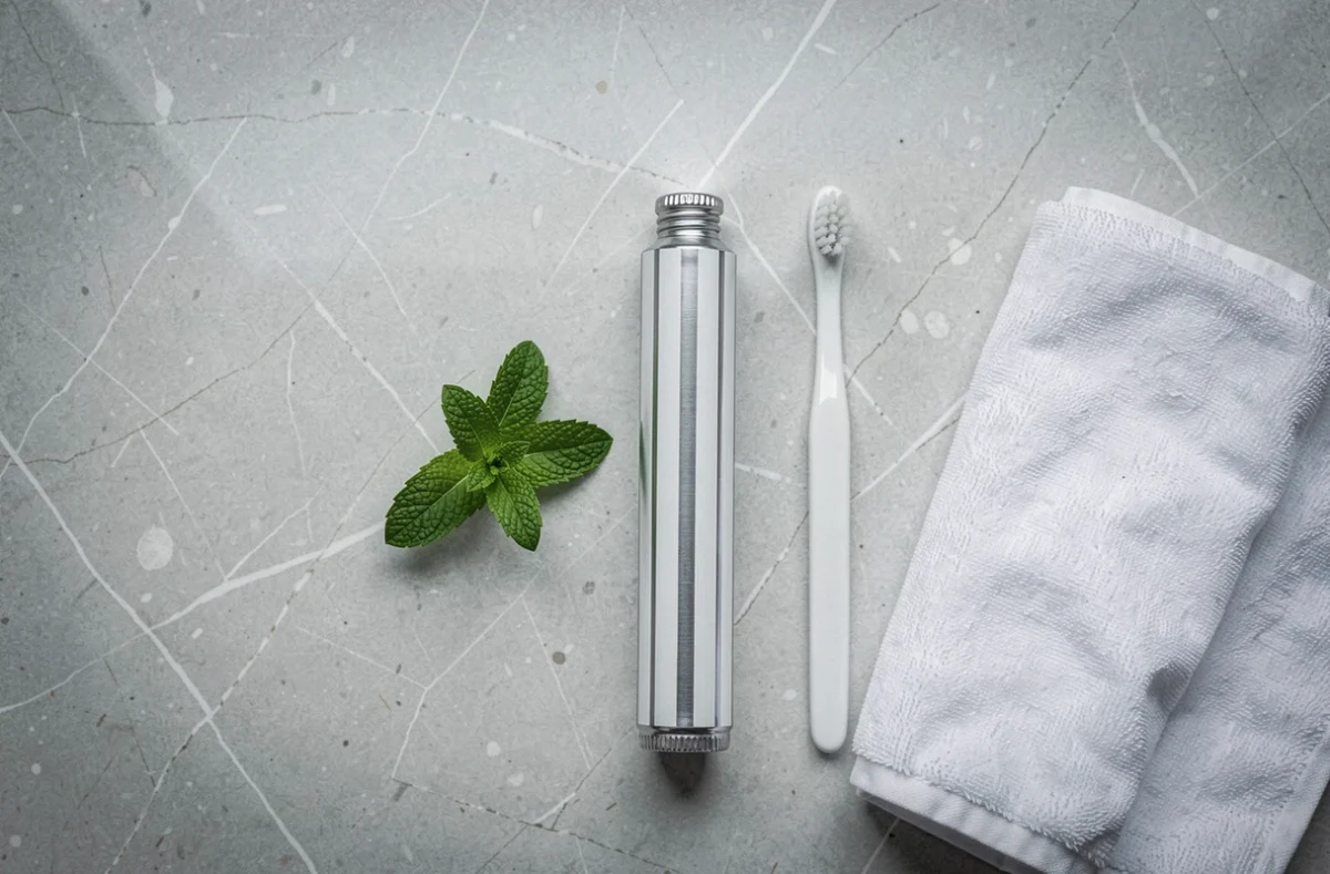 Flat lay produit dentifrice MARVIS tube rayé avec brosse à dents et menthe fraîche sur surface en pierre grise pour article avant après