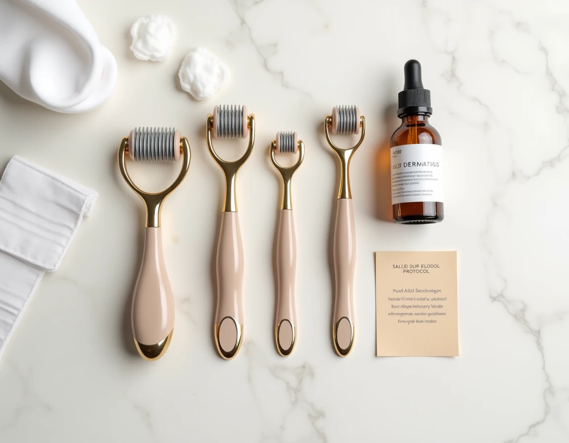 Flat-lay de plusieurs dermarollers et sérums capillaires sur marbre, comparatif outils microneedling cheveux 2026
