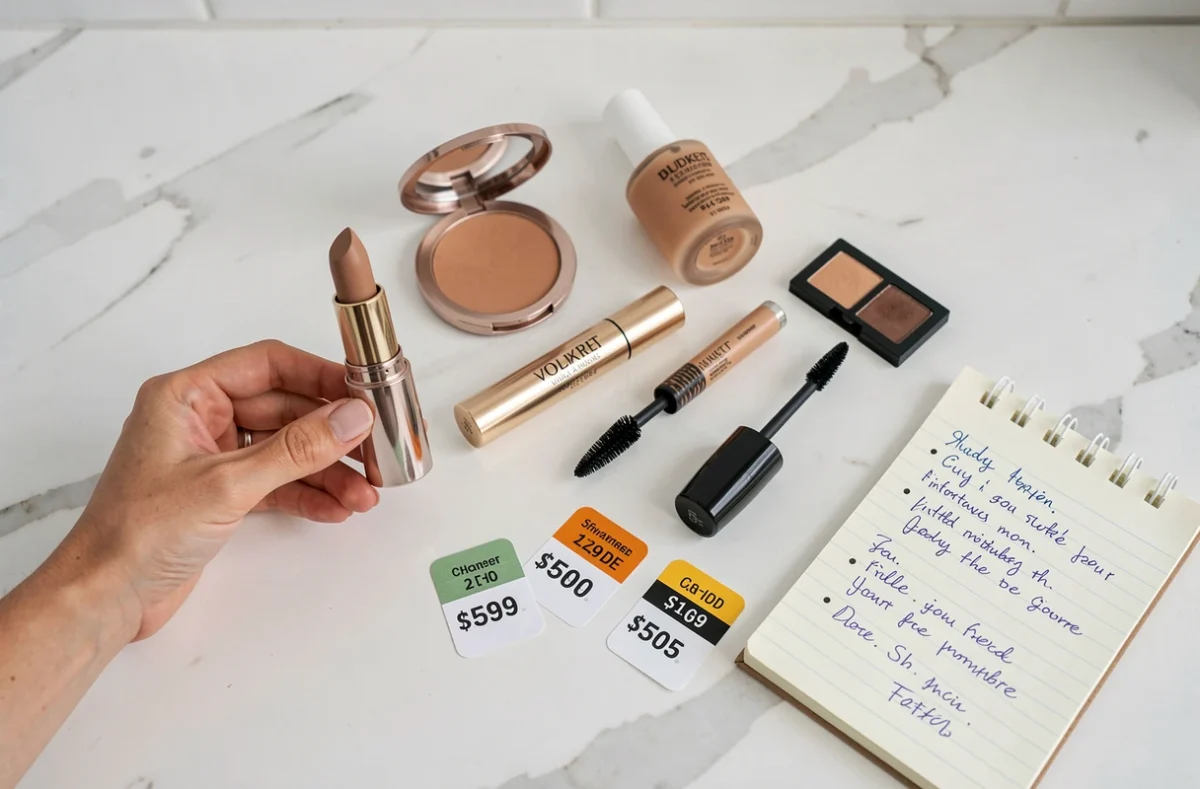 Flat lay de produits de maquillage économiques disposés sur marbre blanc avec étiquettes de prix comparatives pour un article beauté
