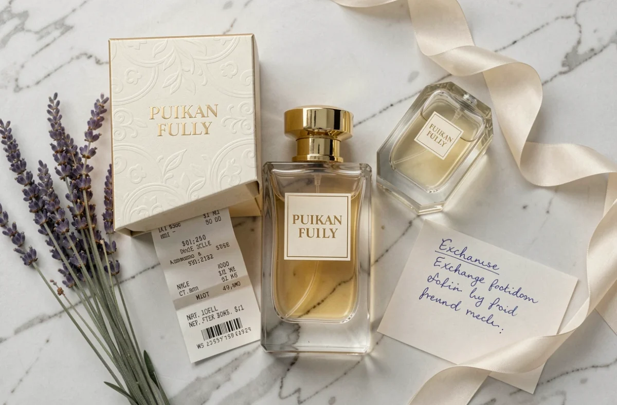 Flat lay élégant d'un flacon de parfum, reçu et brochure de politique de retour sur marbre blanc