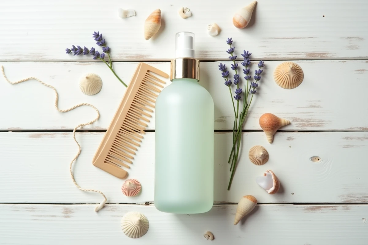 Flat-lay de spray sel de mer pour cheveux courts avec accessoires côtiers sur bois blanc