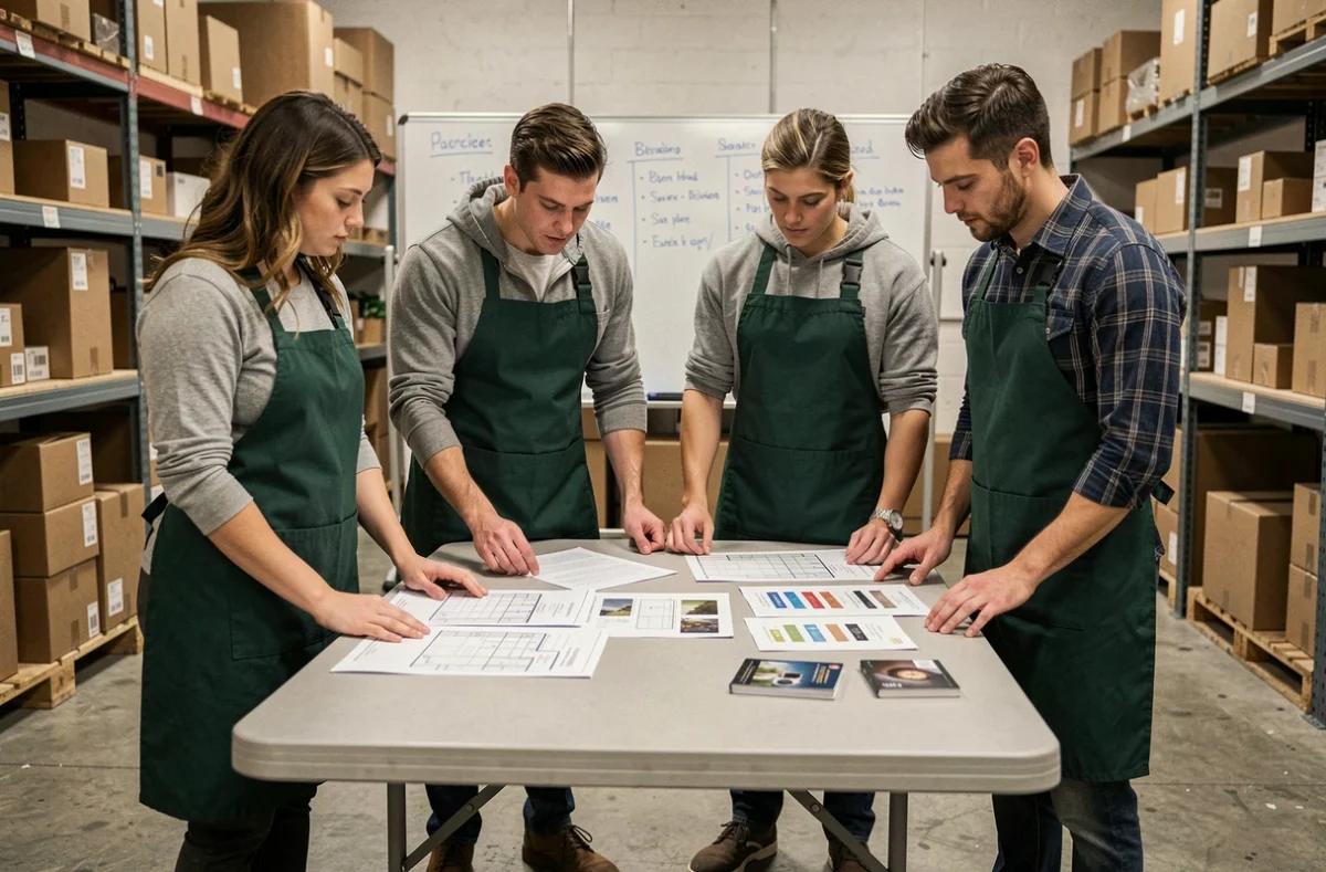 Équipe de vendeurs en formation interne autour d'un planogramme DPH dans la réserve d'un magasin de grande distribution