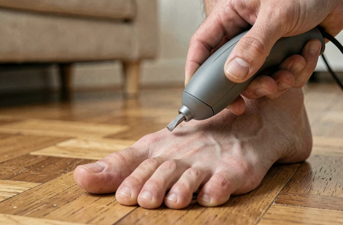 Gros plan d'un appareil pour désépaissir les ongles des pieds utilisé sur un pied masculin adulte