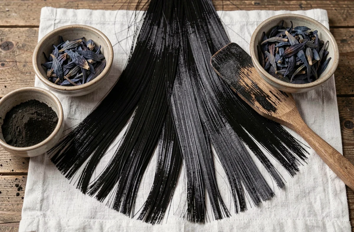 Gros plan de cheveux noirs henné sur lin blanc avec poudre de henné et feuilles d'indigo séchées