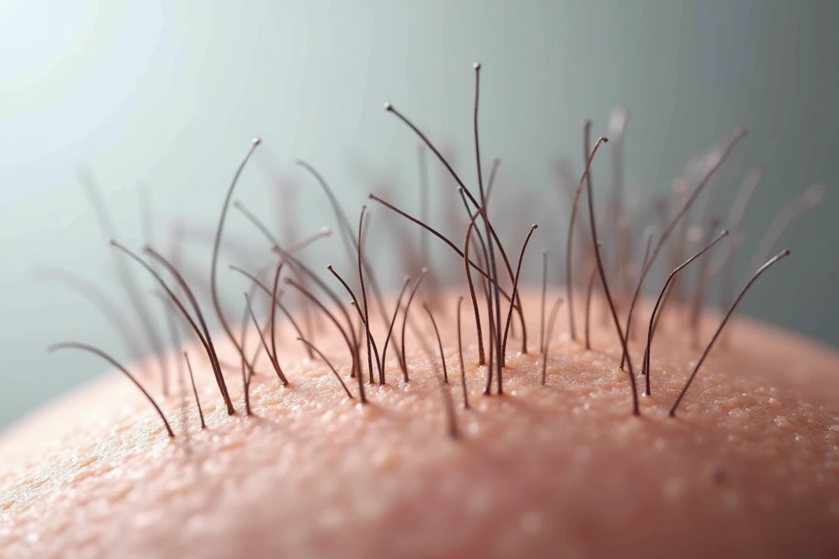 Gros plan macro sur des follicules pileux et la repousse des cheveux au niveau du cuir chevelu