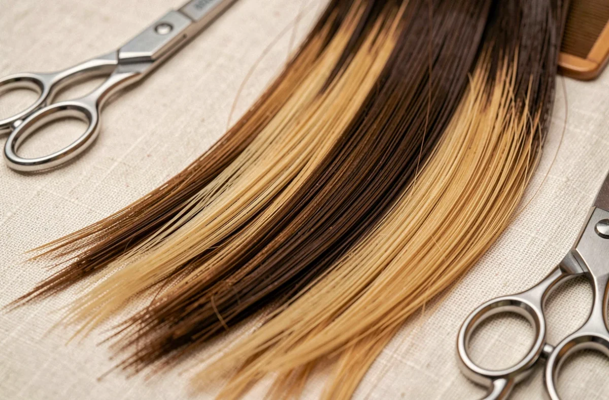 Gros plan sur une mèche de cheveux aux reflets balayage réussis, mise en valeur de la technique professionnelle