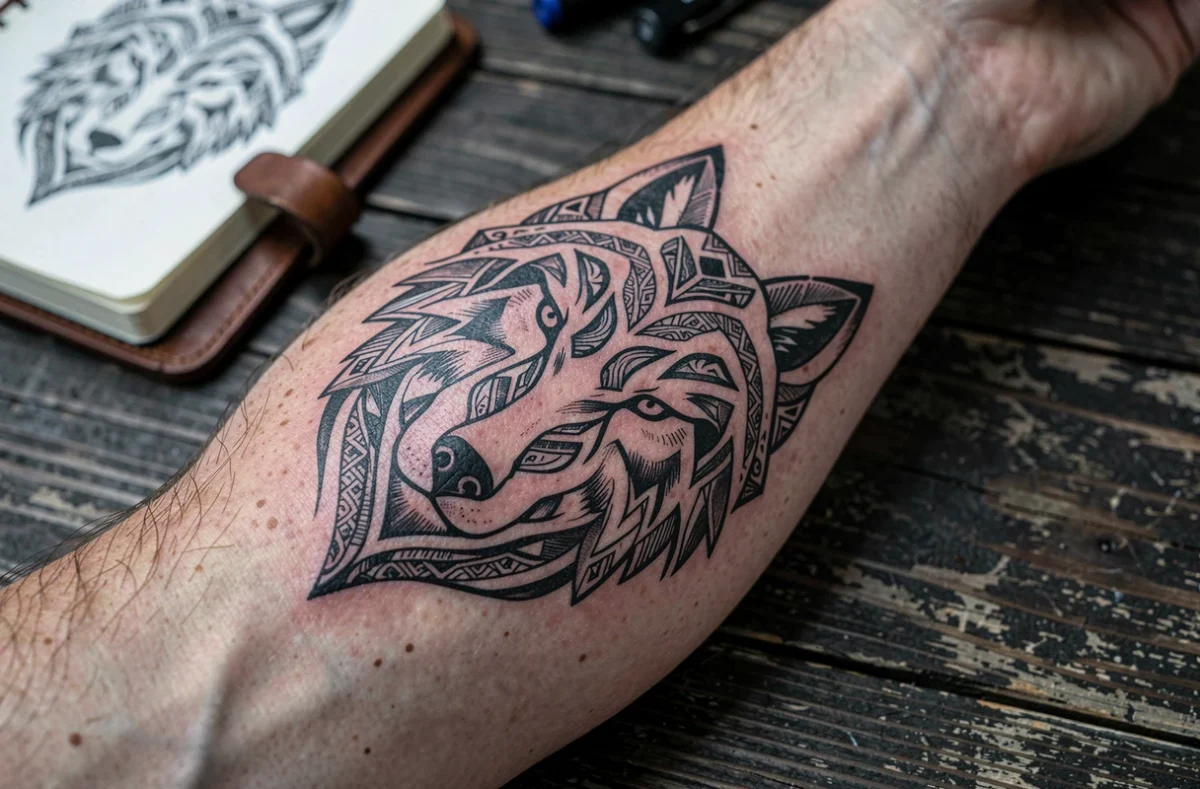Gros plan d'un tatouage tribal loup géométrique sur un avant-bras masculin posé sur du bois brut