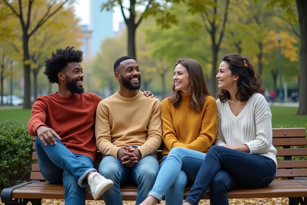 Groupe d amis discutant dans un parc urbain