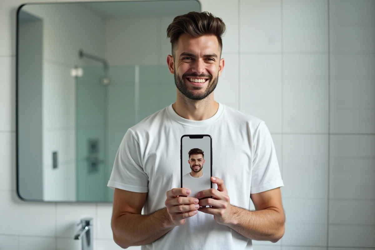 Homme testant une application de simulation de coiffure sur smartphone dans une salle de bain moderne