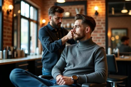 Homme élégant dans un barbershop moderne en train de se faire couper les cheveux